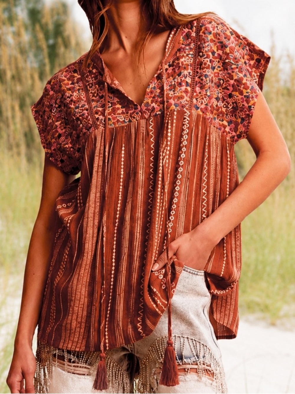 Savanna Jane Rust Multicolor Embroidered Boho Tie-Front Top